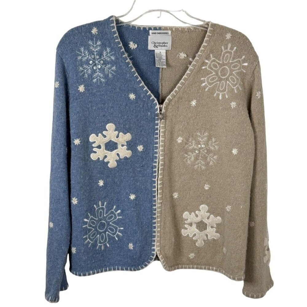 Christopher & Banks Angora Snowflake Embroidered Cardigan Blue Beige White M EUC